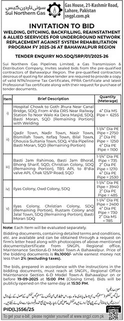 Sui Northern Gas Company Limited Tender Notice